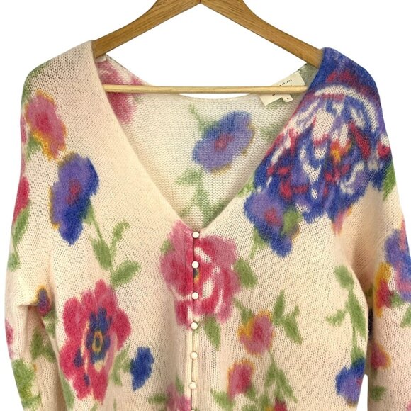 Sezane Teresa Cardigan Sweater Size S Cream Floral Reversible Kid Mohair Wool - Picture 2 of 9